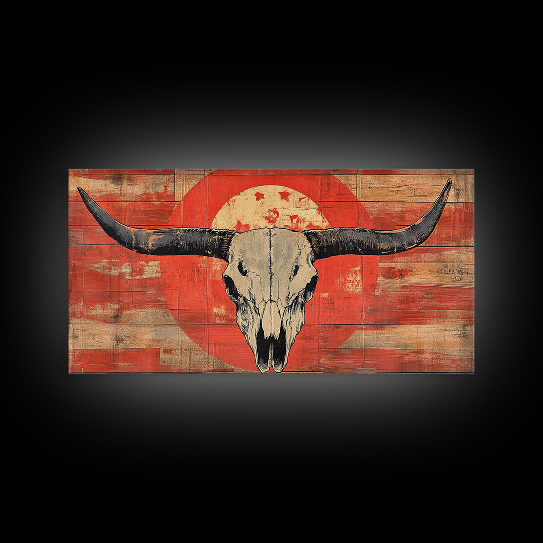 Longhorn Skull On Distressed Red Wood Wall Art, Western Framed Canvas Print, Rustic Cowboy Ranch Home Decor For Living Room