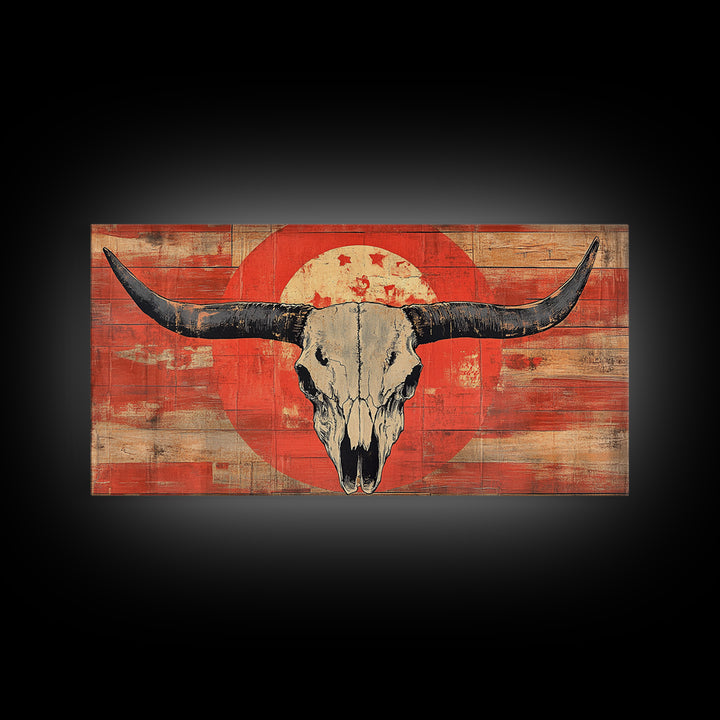 Longhorn Skull On Distressed Red Wood Wall Art, Western Framed Canvas Print, Rustic Cowboy Ranch Home Decor For Living Room