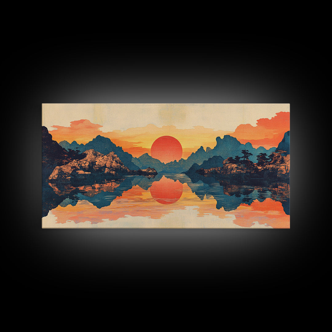 Red Sun Mountain Lake Reflection Wall Art, Japanese Landscape Print, Panoramic Canvas, Serene Living Room Decor, Above Sofa Decor