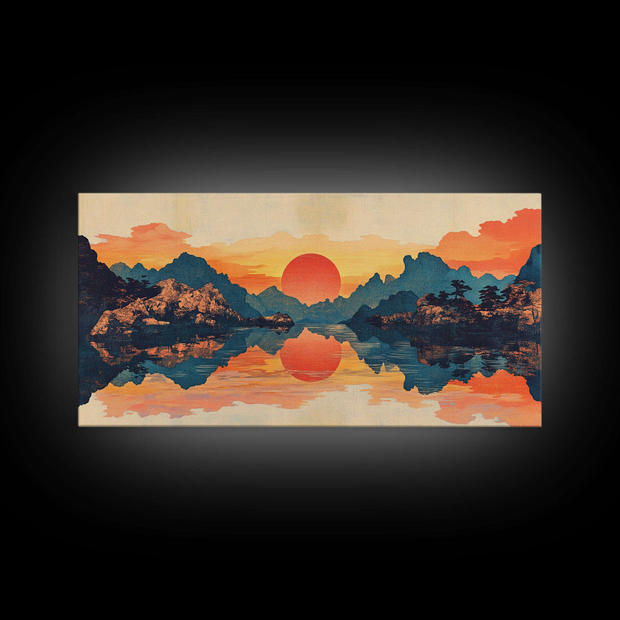 Red Sun Mountain Lake Reflection Wall Art, Japanese Landscape Print, Panoramic Canvas, Serene Living Room Decor, Above Sofa Decor