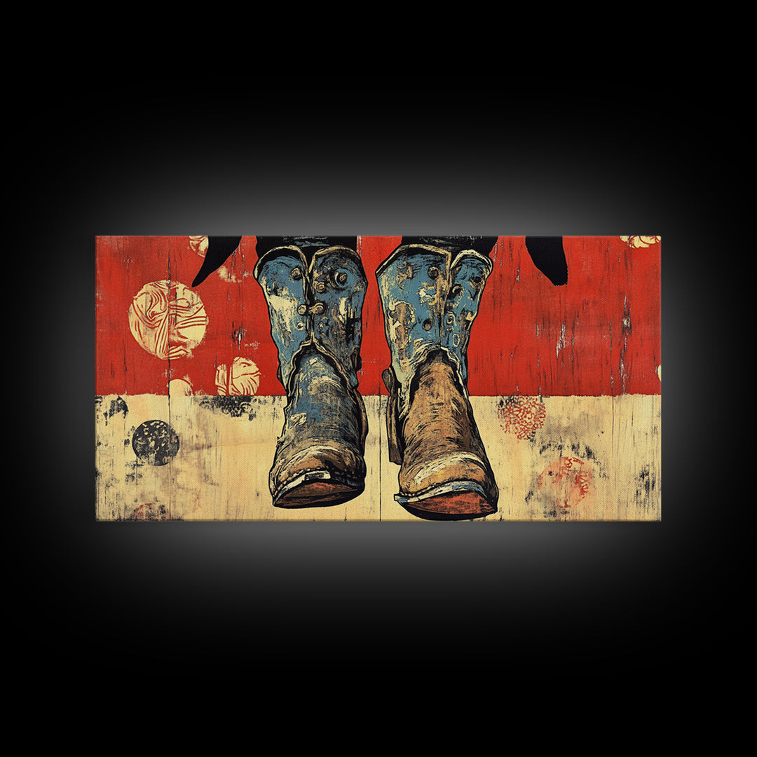 Weathered Cowboy Boots Wall Art, Rustic Western Canvas Print, Cowgirl Decor, Ranch House Living Room Wall Decor Gift For Him