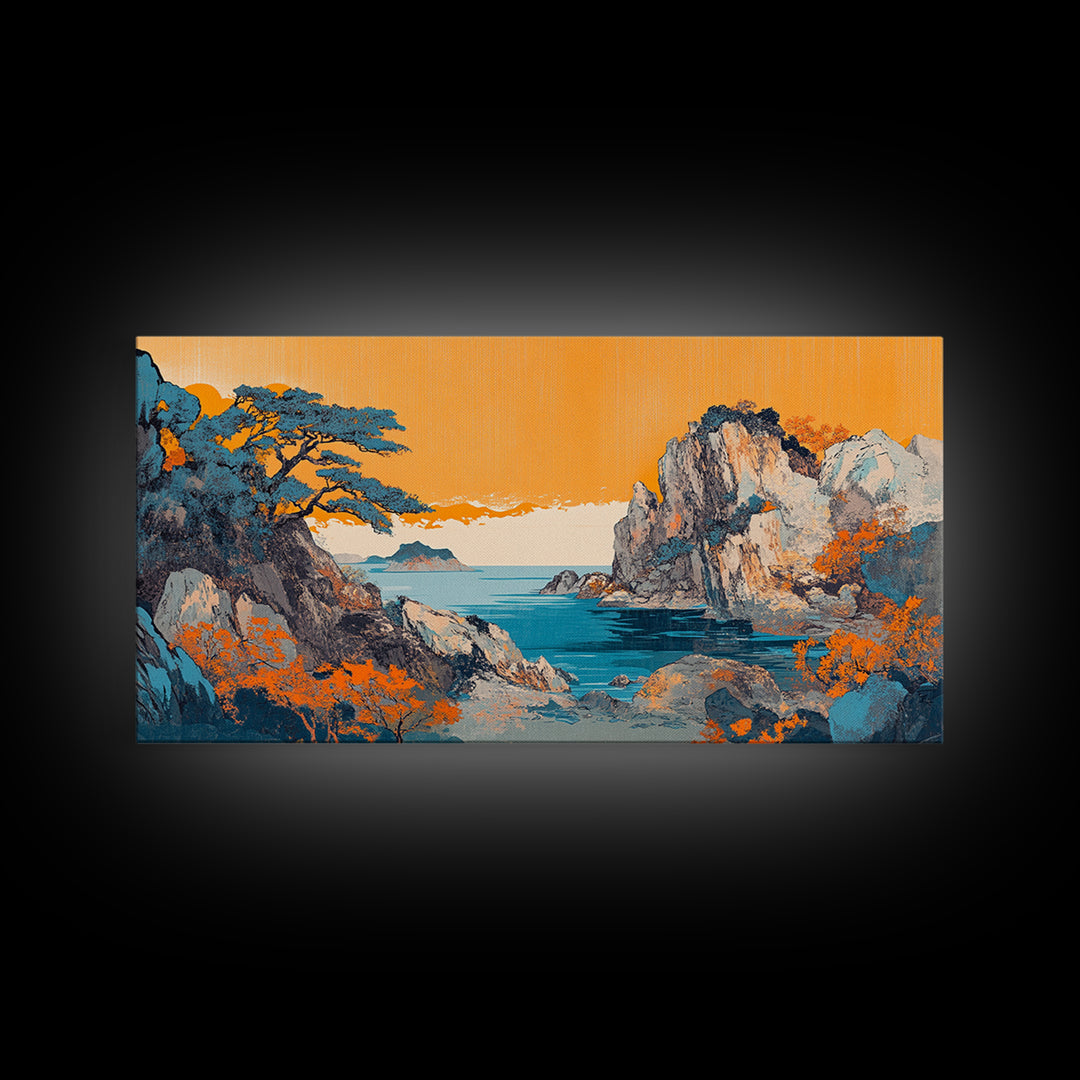 Orange Sky Rocky Coast Canvas Print, Japanese Seascape Wall Art, Coastal Landscape, Beach House Living Room Decor, Above Sofa Decor
