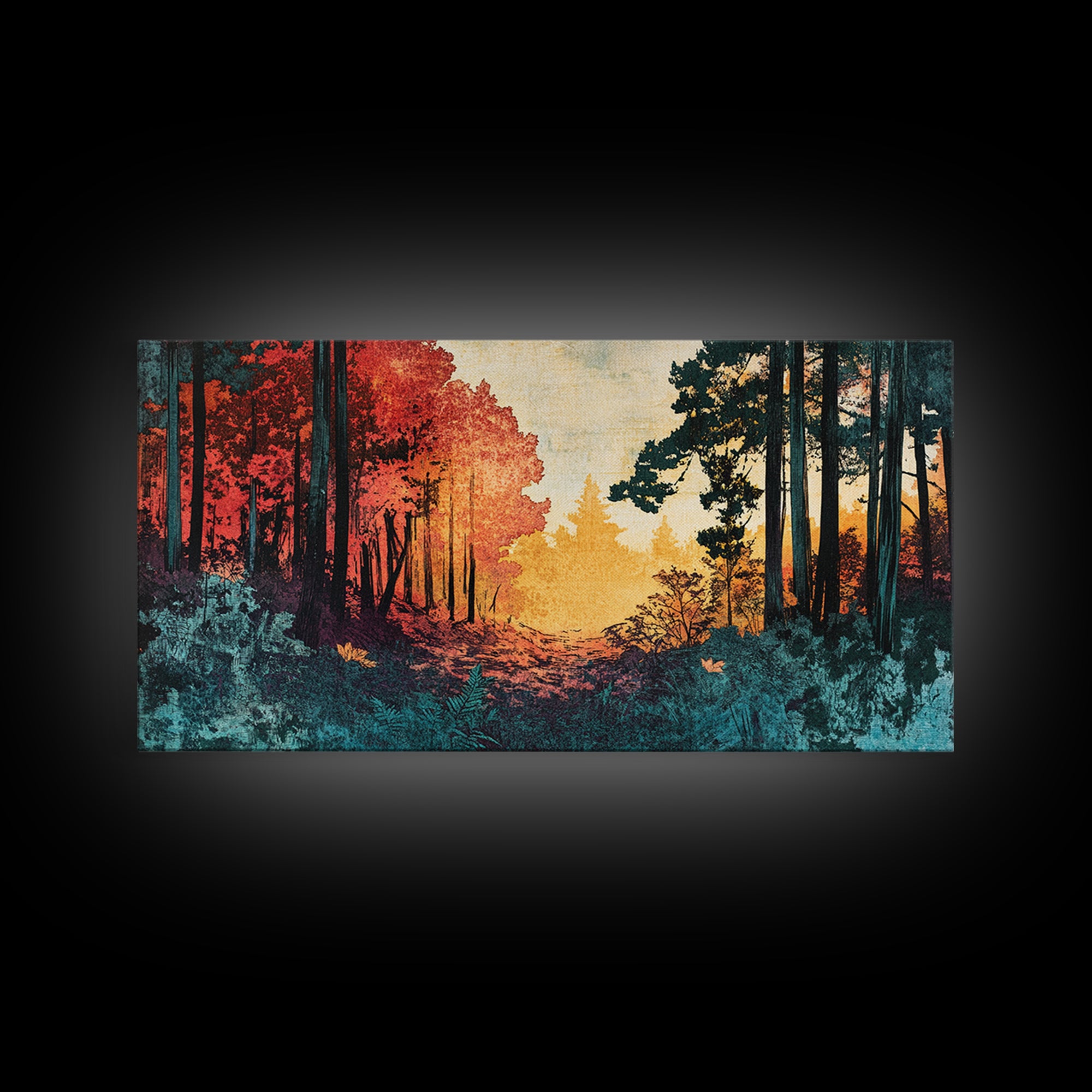 Autumn Forest Path Wall Art, Moody Landscape Canvas Print, Red Trees Nature Decor, Rustic Cabin Living Room Wall Decor Gift