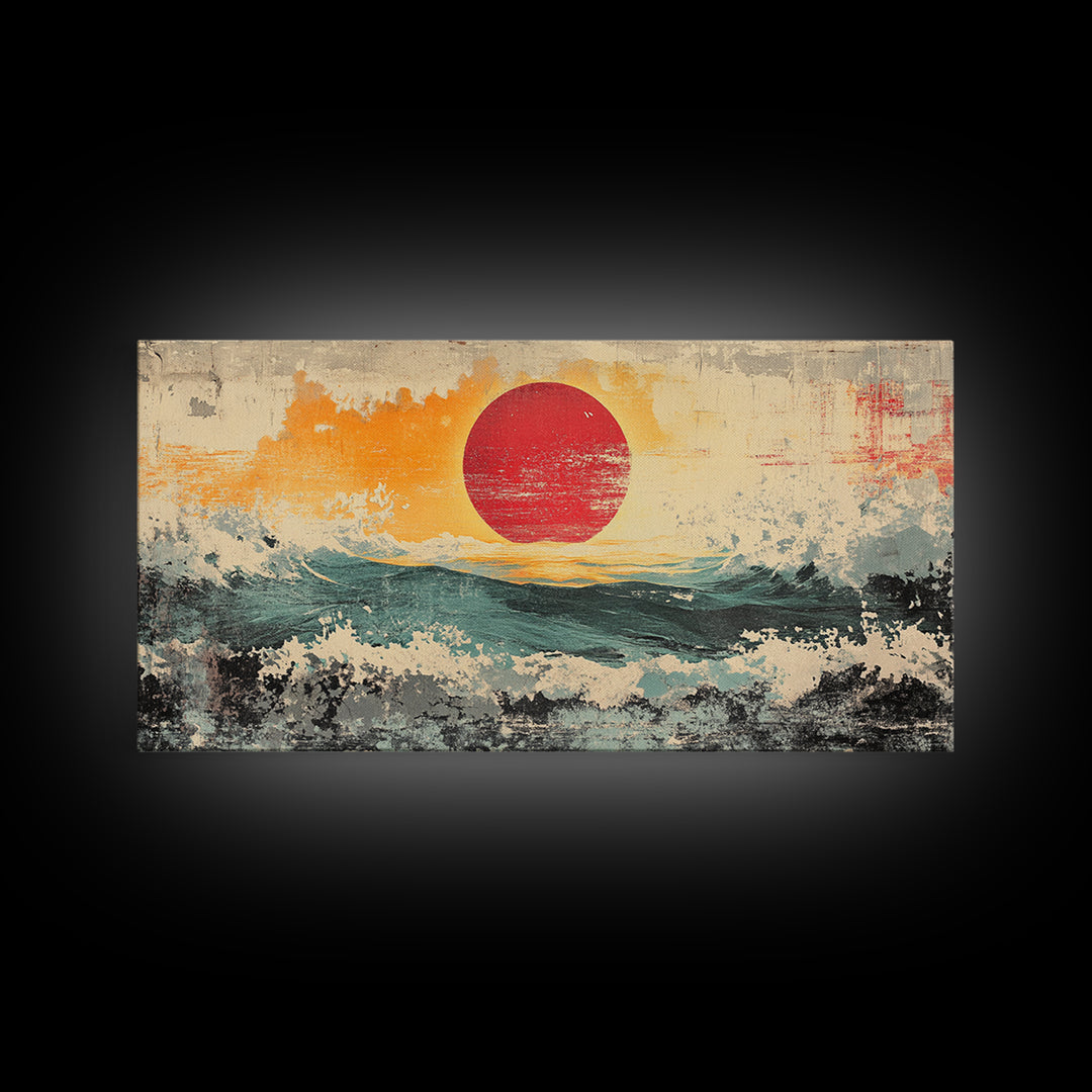 Abstract Red Sun Seascape Wall Art, Ocean Wave Canvas Print, Coastal Modern Decor, Large Living Room Wall Decor, Above Sofa Decor