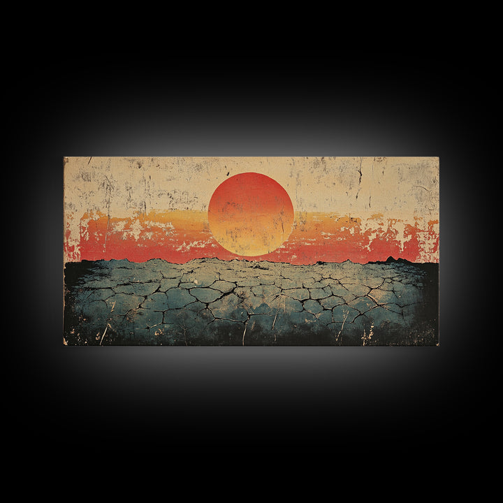 Cracked Desert Red Sun Wall Art, Southwestern Canvas Print, Minimal Landscape, Earth Tone Modern Living Room Decor, Housewarming Gift