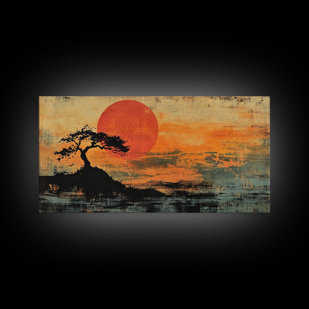Solitary Tree Sunset Wall Art, Japanese Landscape Print, Moody Orange Coastal Decor, Panoramic Canvas Print For Living Room