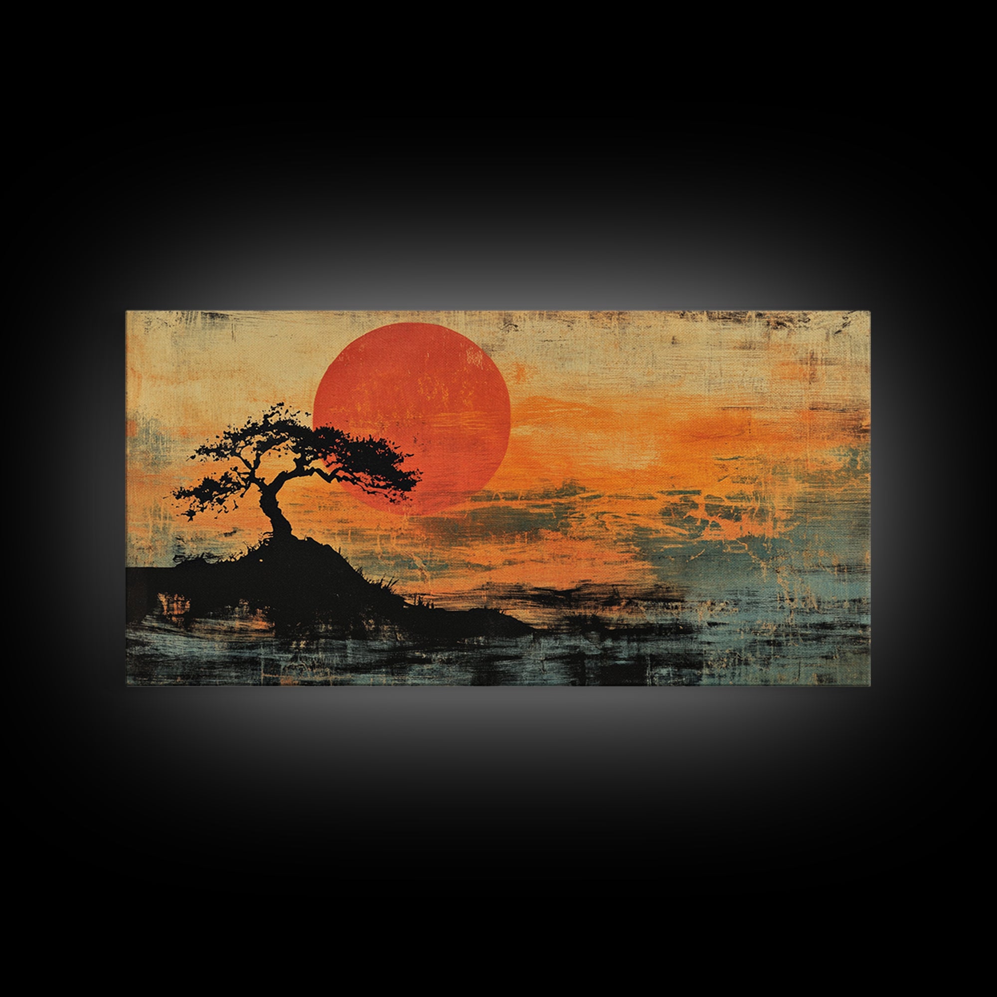 Solitary Tree Sunset Wall Art, Japanese Landscape Print, Moody Orange Coastal Decor, Panoramic Canvas Print For Living Room