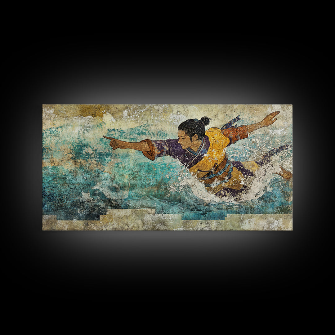 Japanese Warrior Swimming In Turquoise Waves Canvas Print, Asian Inspired Wall Decor, Martial Arts Gift, Coastal Home Decor