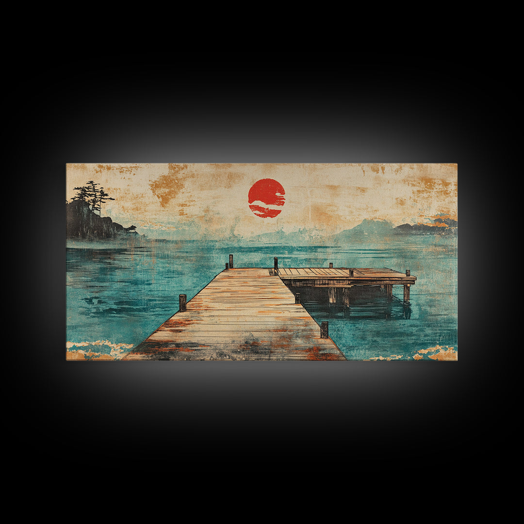 Quiet Dock On Misty Lake Wall Art, Japanese Red Sun Landscape Print, Coastal Cabin Decor, Serene Living Room Art, Housewarming Gift