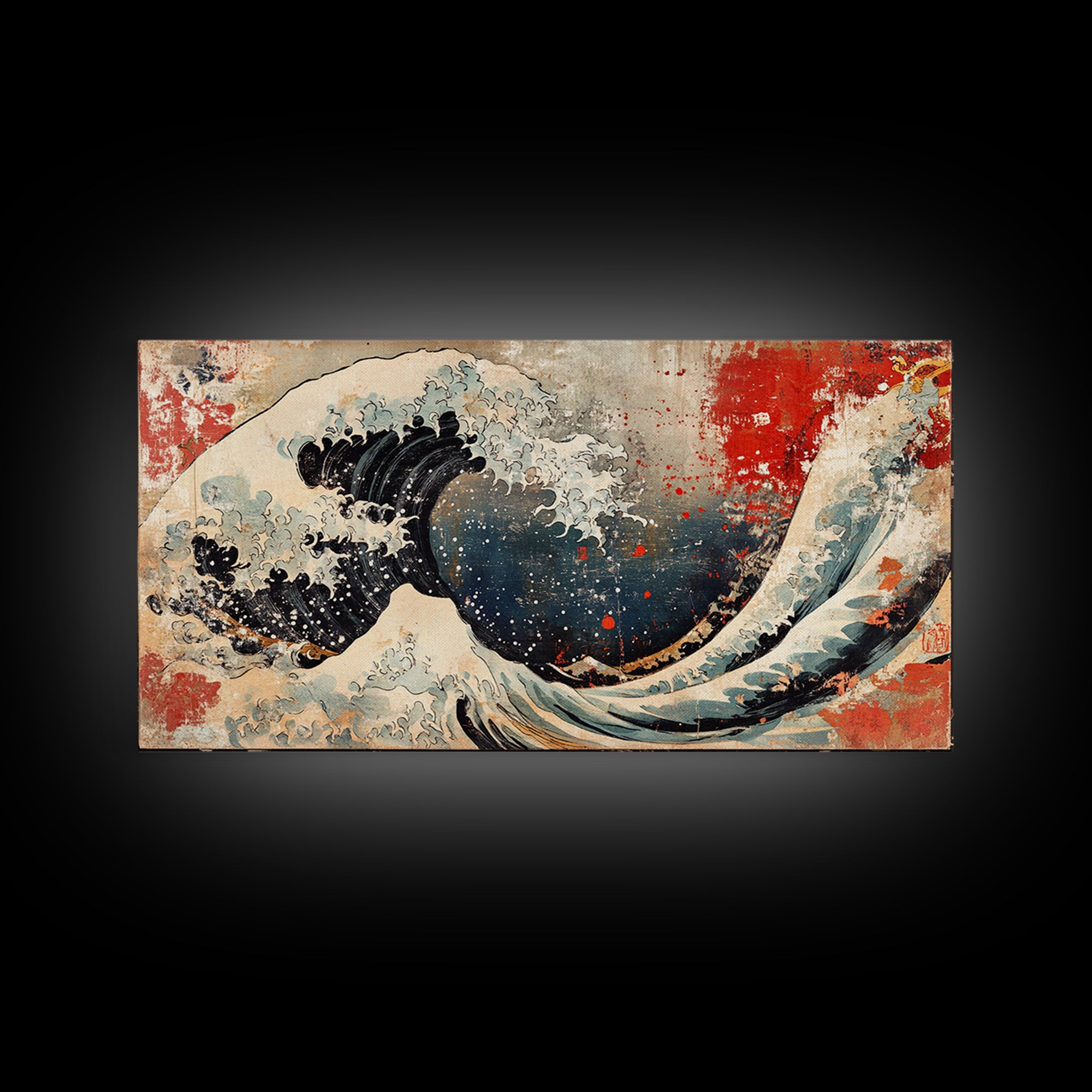 Great Wave With Red Sun Canvas Print, Japanese Ocean Wall Art, Hokusai Inspired Seascape, Coastal Living Room Decor Gift