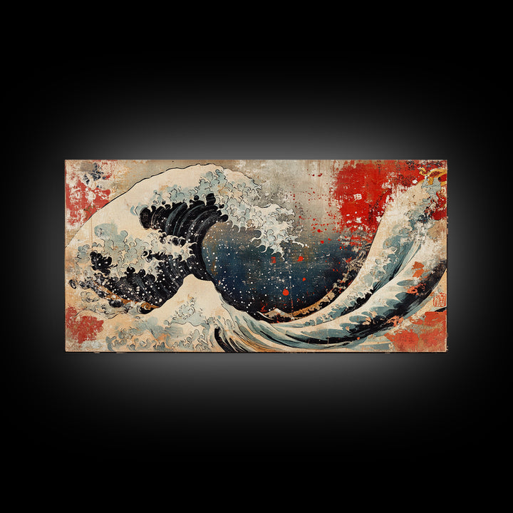 Great Wave With Red Sun Canvas Print, Japanese Ocean Wall Art, Hokusai Inspired Seascape, Coastal Living Room Decor Gift