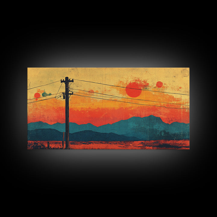 Telephone Poles At Orange Desert Sunset Wall Art, Retro Japanese Landscape Print, Mountain Decor, Mid Century Canvas Print