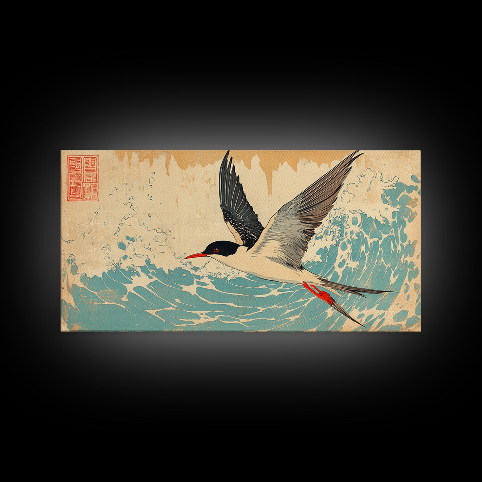 Elegant Tern Flying Over Teal Waves Wall Art, Japanese Bird Art Print, Coastal Nature Decor, Wildlife Canvas Print Gift For Her