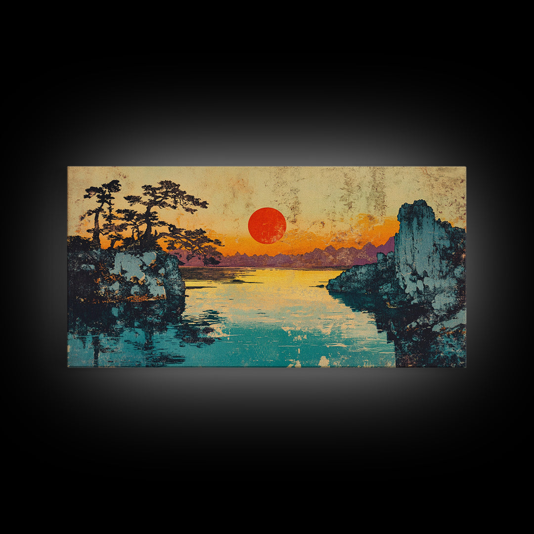 Red Sun Lake Between Pine Cliffs Wall Art, Japanese Landscape Canvas Print, Serene Nature Decor, Coastal Living Room Gift
