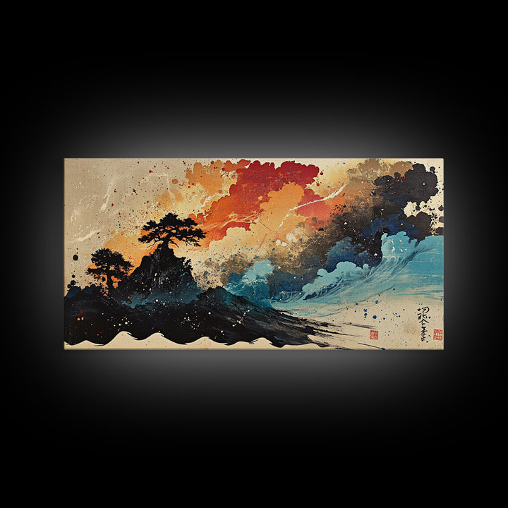 Stormy Island Waves And Red Clouds Wall Art, Japanese Ink Seascape Print, Moody Coastal Decor, Dramatic Canvas Print Gift