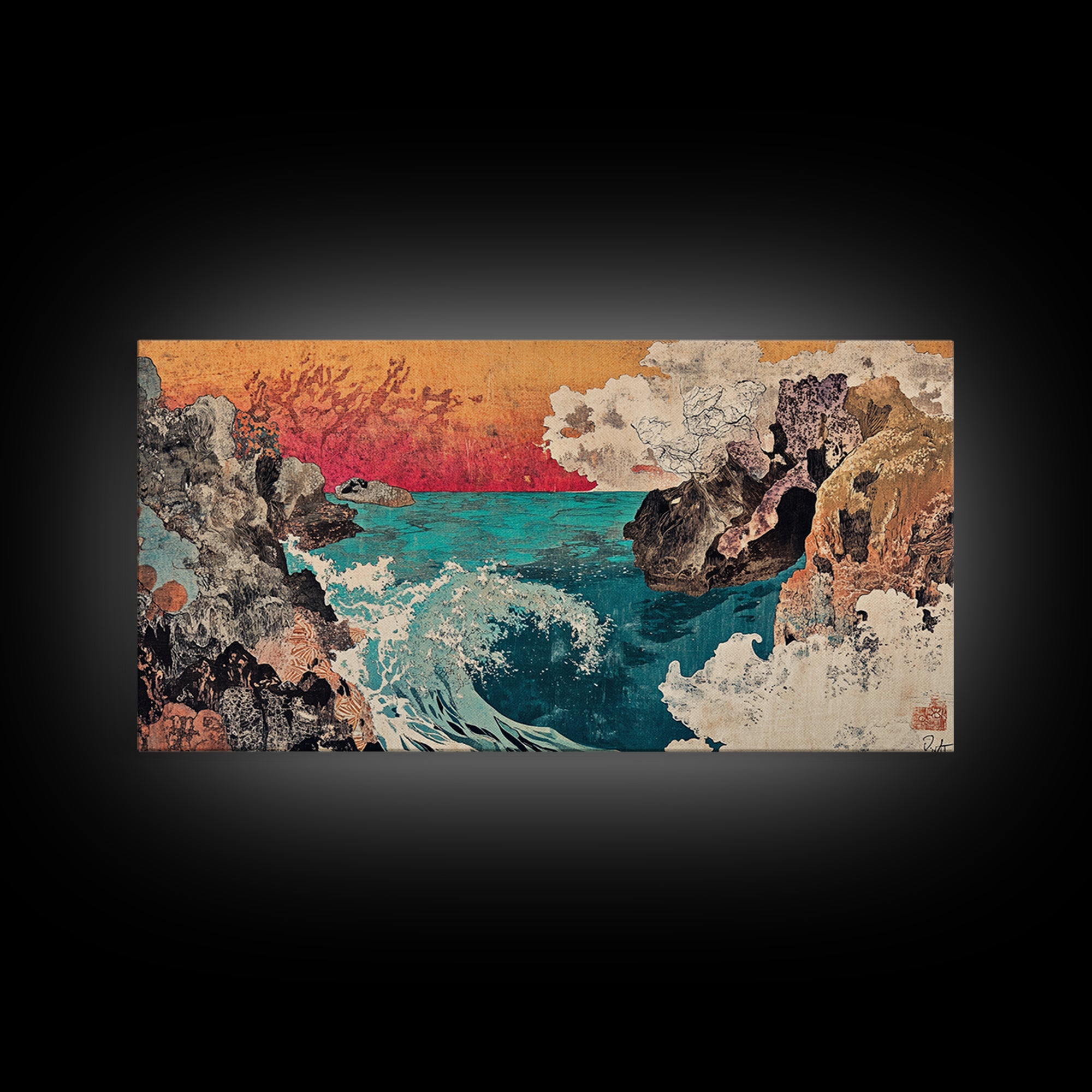 Rocky Cove With Turquoise Surf Wall Art, Japanese Coastal Seascape Print, Ocean Landscape Decor, Large Canvas Print Gift