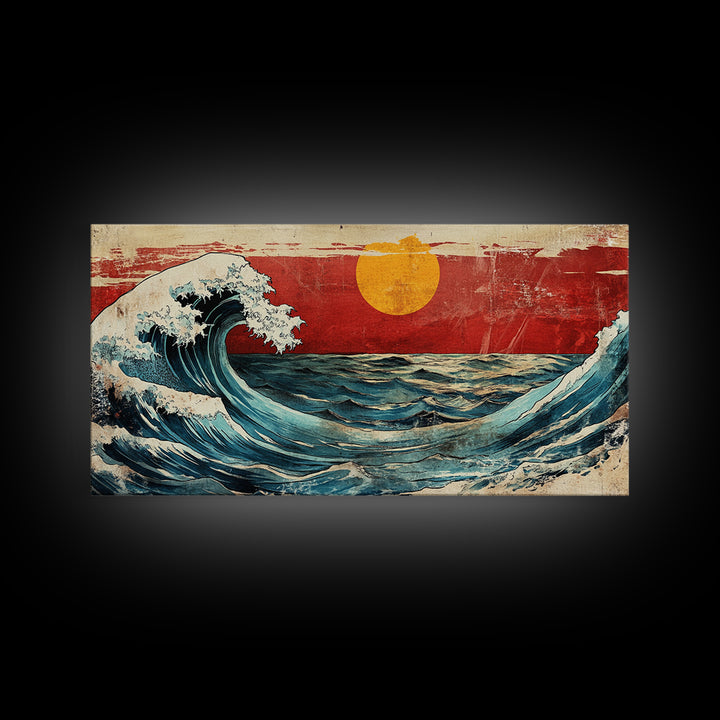 Rolling Ocean Wave Under Yellow Sun Canvas Print, Japanese Seascape Wall Art, Coastal Living Room Decor, Beach House Gift