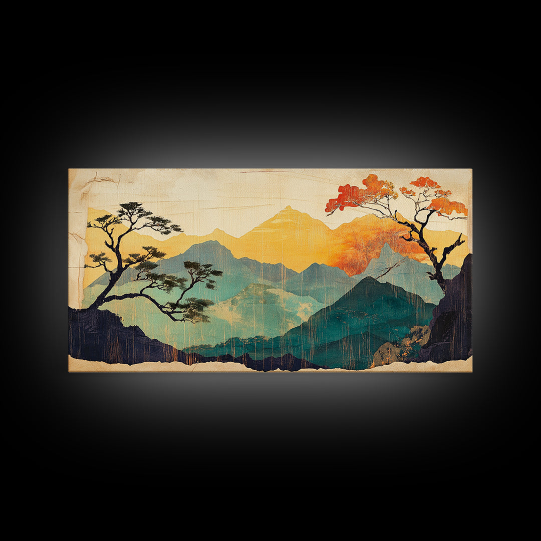 Golden Mountain Sunrise With Autumn Trees Wall Art, Japandi Landscape Canvas Print, Nature Decor For Calm Living Room And Bedroom Decor
