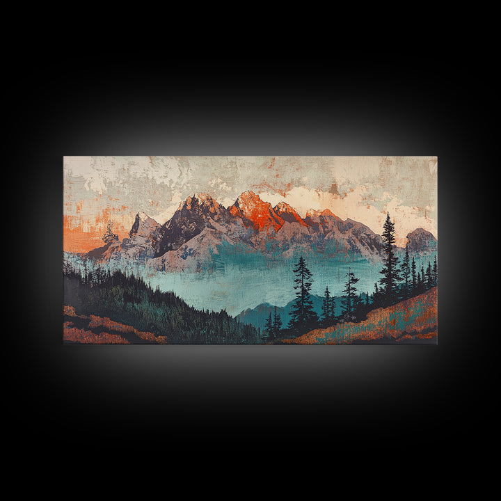 Snowy Mountain Peaks And Pine Forest Wall Art, Rustic Landscape Framed Canvas Print, Large Nature Decor For Living Room Art