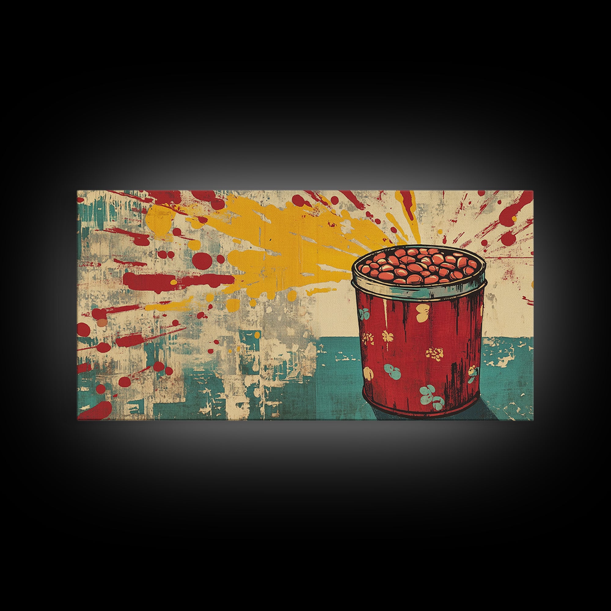 Retro Red Tin Of Beans With Yellow Paint Splashes Wall Art, Pop Art Canvas Print, Fun Kitchen Decor For Dining Room Poster