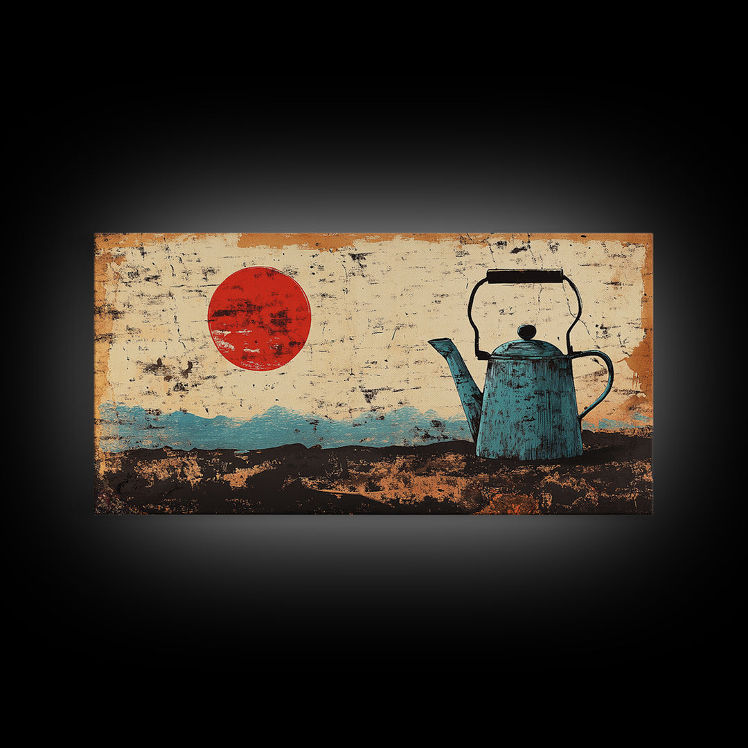 Blue Enamel Teapot Under Red Sun Wall Art, Japanese Minimalist Canvas Print, Rustic Kitchen Decor For Tea Lovers And Home Decor