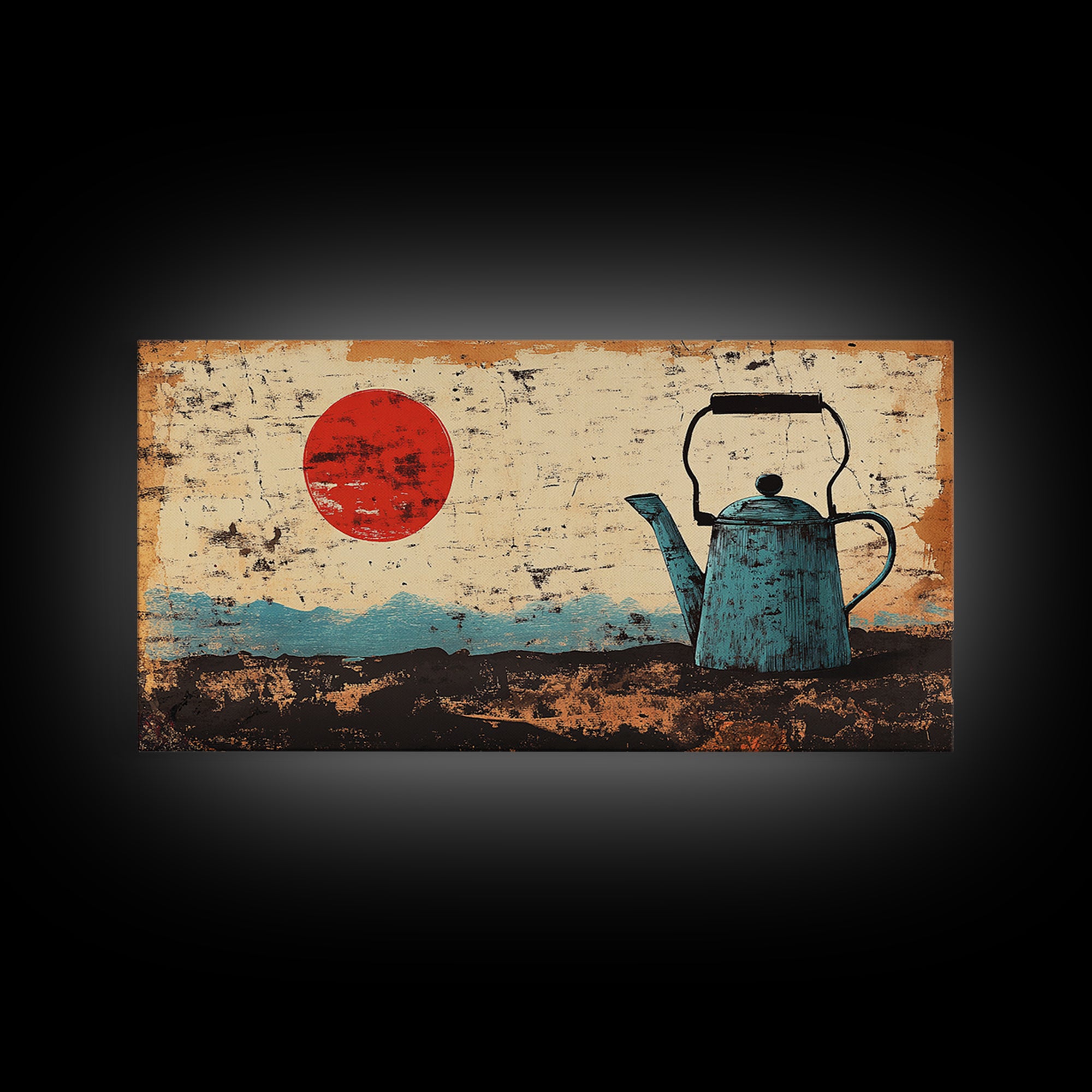 Blue Enamel Teapot Under Red Sun Wall Art, Japanese Minimalist Canvas Print, Rustic Kitchen Decor For Tea Lovers And Home Decor