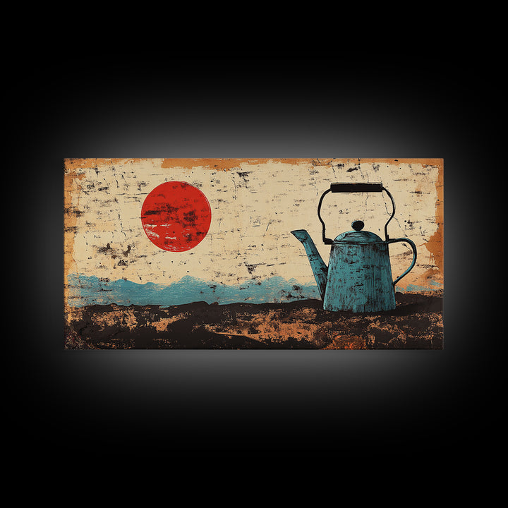 Blue Enamel Teapot Under Red Sun Wall Art, Japanese Minimalist Canvas Print, Rustic Kitchen Decor For Tea Lovers And Home Decor