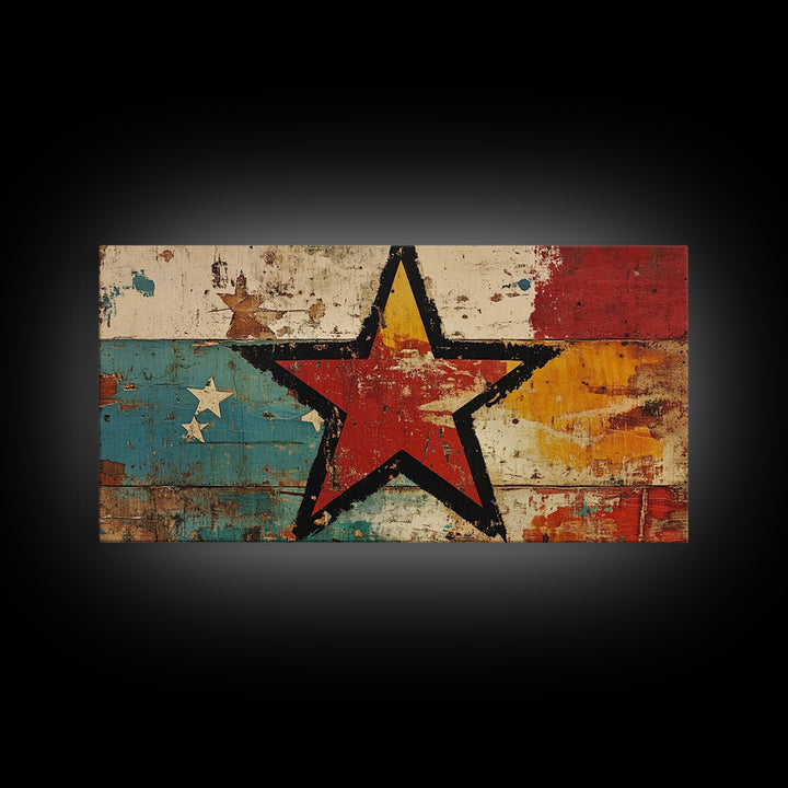 Distressed Red Star On Teal And Gold Abstract Wall Art, Retro Americana Canvas Print, Bold Rustic Home Decor For Man Cave Or Office