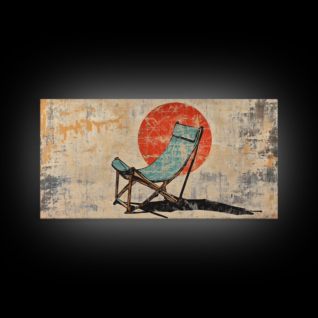 Turquoise Beach Chair In Front Of Red Sun Wall Art, Retro Coastal Canvas Print, Summer Beach House Decor For Patio And Living Room