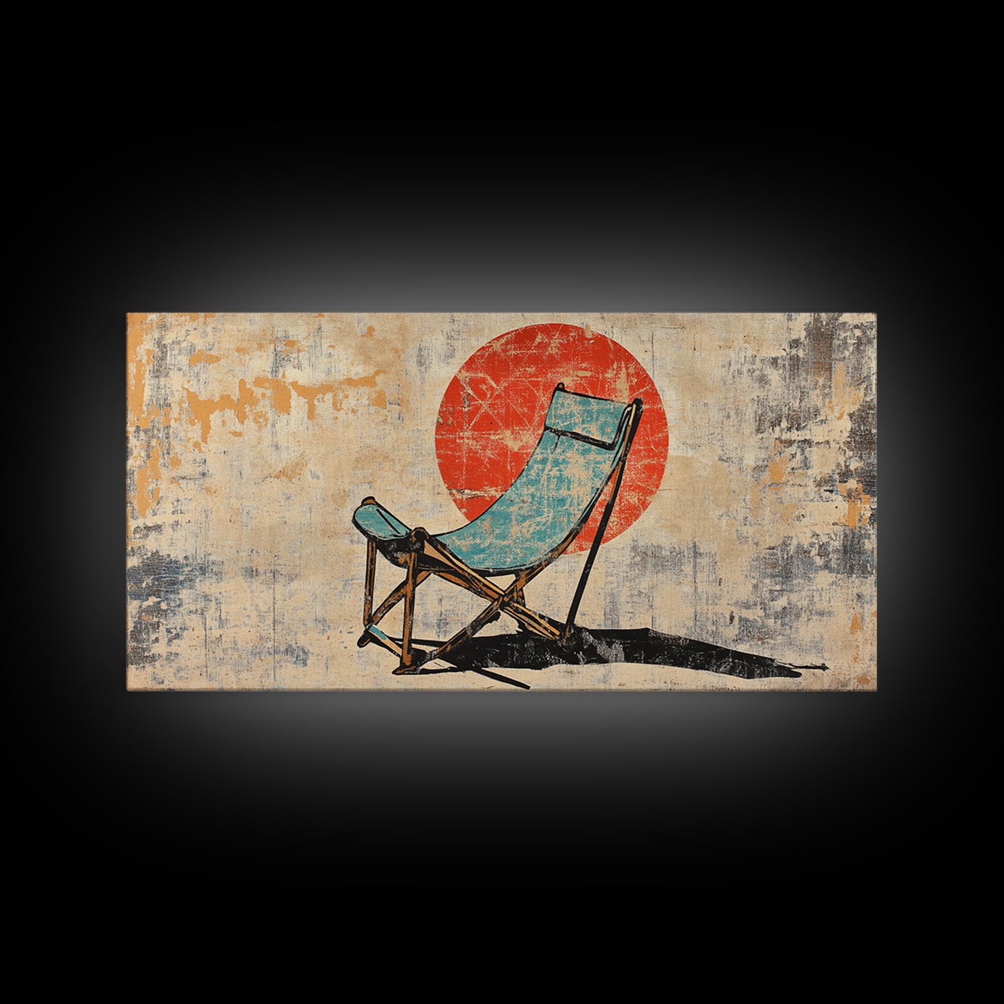 Turquoise Beach Chair In Front Of Red Sun Wall Art, Retro Coastal Canvas Print, Summer Beach House Decor For Patio And Living Room