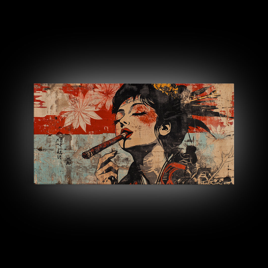Glamorous Geisha Woman Smoking Cigar Wall Art, Japanese Pop Art Canvas Print, Bold Feminine Decor For Lounge And Living Room