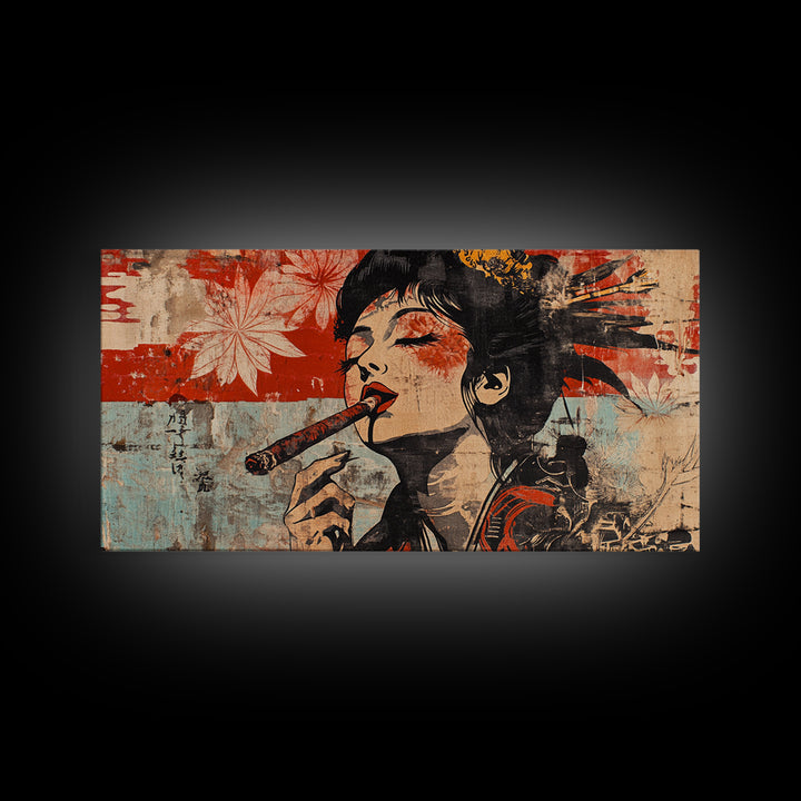 Glamorous Geisha Woman Smoking Cigar Wall Art, Japanese Pop Art Canvas Print, Bold Feminine Decor For Lounge And Living Room
