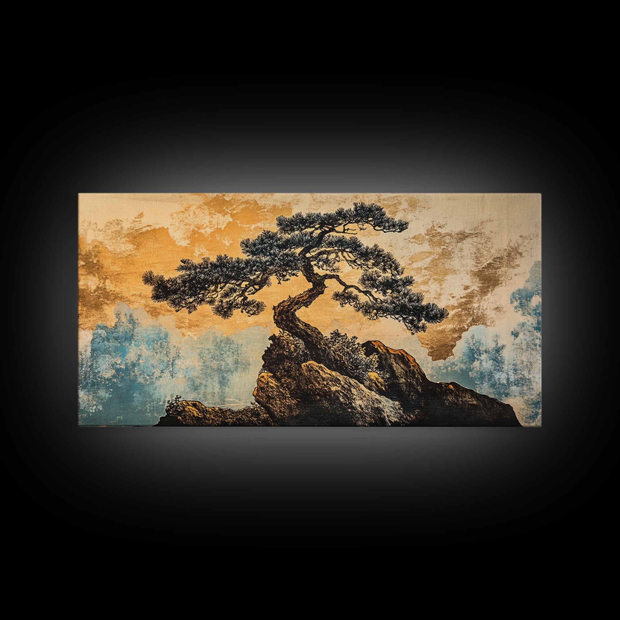 Twisted Bonsai On Golden Cliff Wall Art, Japanese Zen Landscape Print, Asian Inspired Decor, Teal Gold Living Room Art Print
