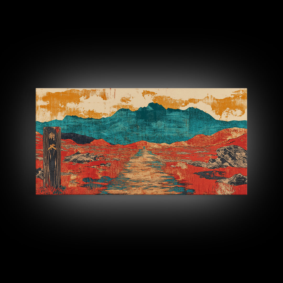 Red Desert Road To Turquoise Mountains Canvas Print, Southwestern Landscape Art, Boho Western Decor, Large Living Room Wall Art