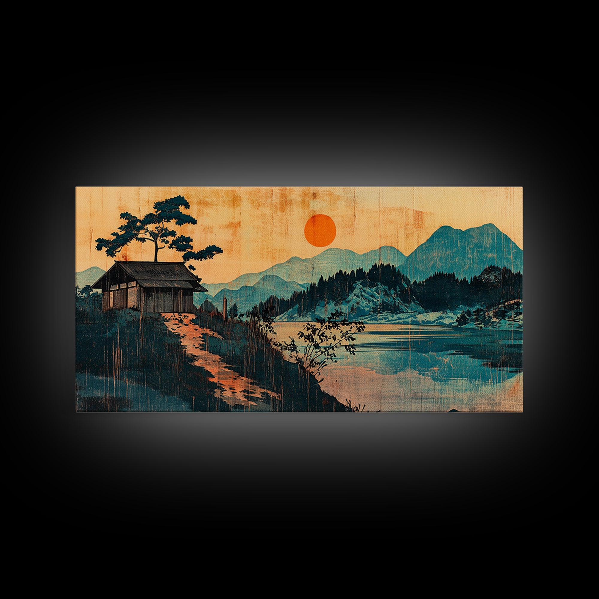 Lakeside Cabin With Red Sun Wall Art, Japanese Mountain Landscape Print, Japandi Decor, Serene Living Room Canvas Art Print