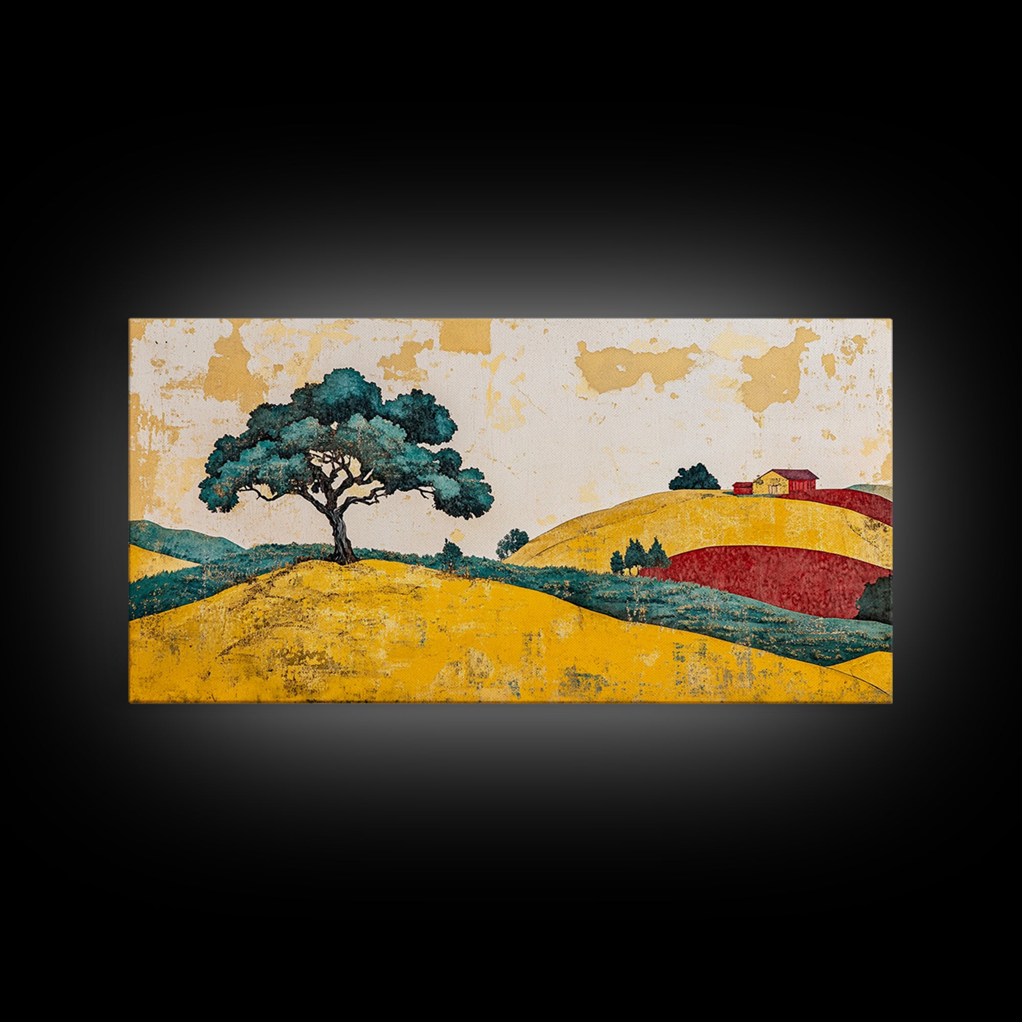 Lone Tree On Golden Rolling Hills Canvas Print, Rustic Country Landscape Art, Farmhouse Wall Decor, Warm Home Decor Wall Art