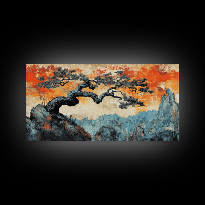 Windswept Pine Over Misty Blue Mountains Wall Art, Asian Landscape Print, Orange Sky Japandi Decor, Large Canvas Print Decor