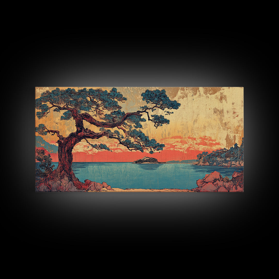 Coastal Pine Tree At Coral Sunset Framed Canvas Print, Japanese Seascape Wall Art, Teal Ocean Decor, Above Sofa Art Print