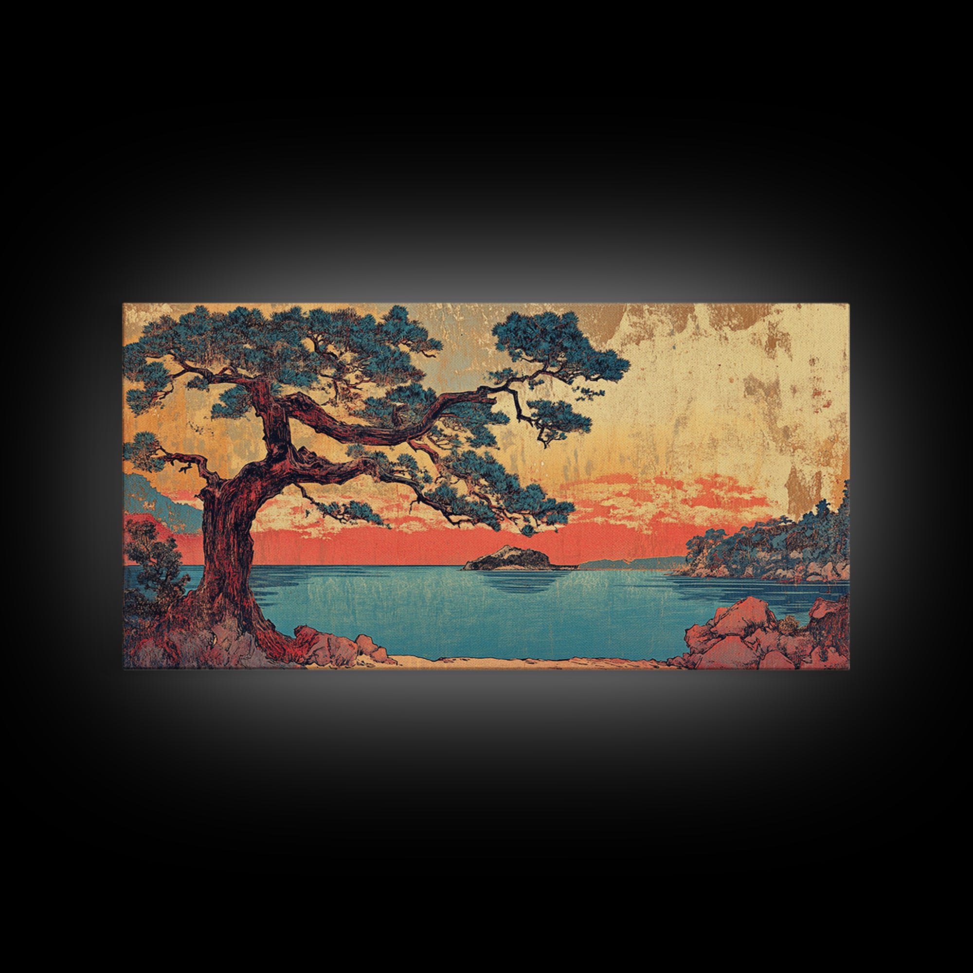 Coastal Pine Tree At Coral Sunset Framed Canvas Print, Japanese Seascape Wall Art, Teal Ocean Decor, Above Sofa Art Print