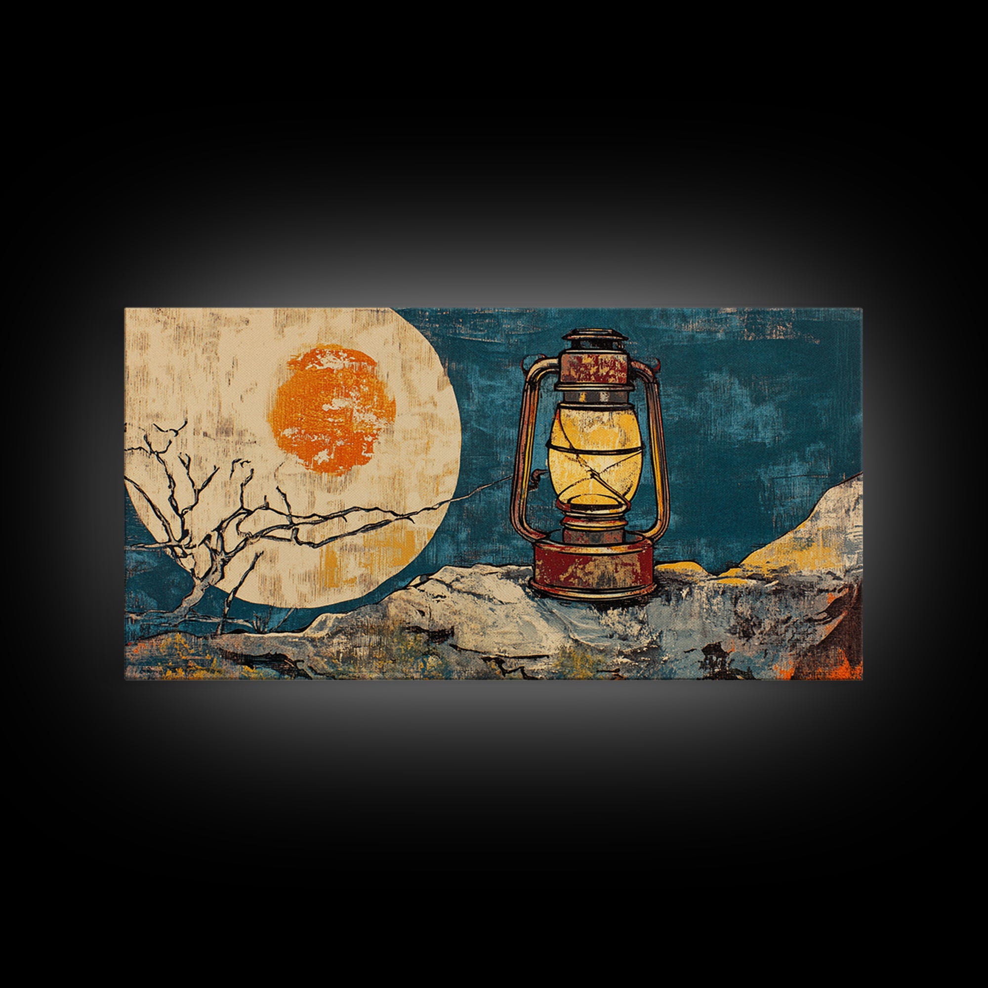Rustic Lantern Beside Abstract Moon Wall Art, Teal Gold Night Sky Print, Celestial Decor, Wabi Sabi Canvas Print For Bedroom