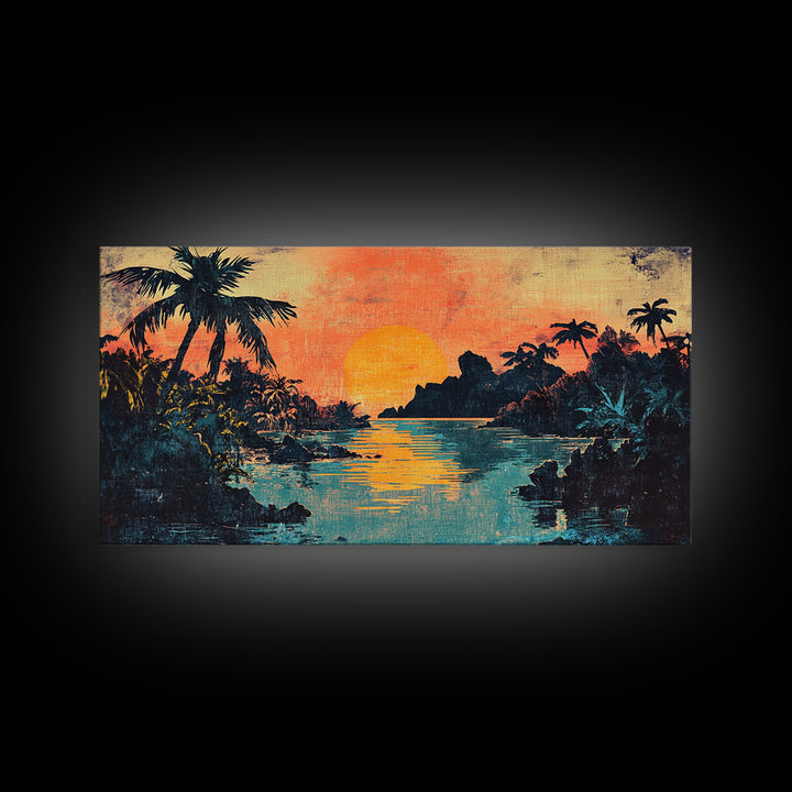Tropical Lagoon Sunset With Palm Trees Canvas Print, Coastal Wall Art, Island Decor, Vibrant Beach House Living Room Art