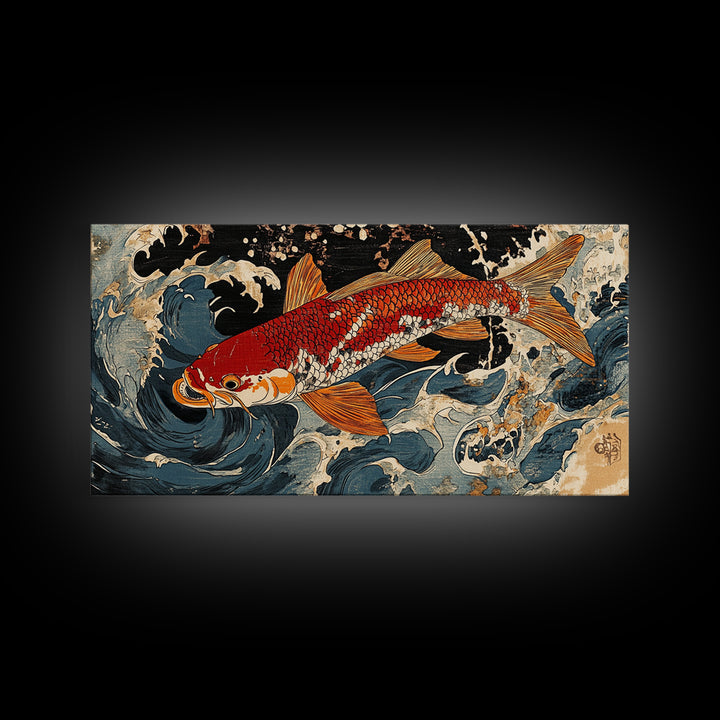 Red Koi Fish Swimming Through Stormy Waves Wall Art, Japanese Coastal Canvas Print, Nautical Living Room Decor Gift For Him