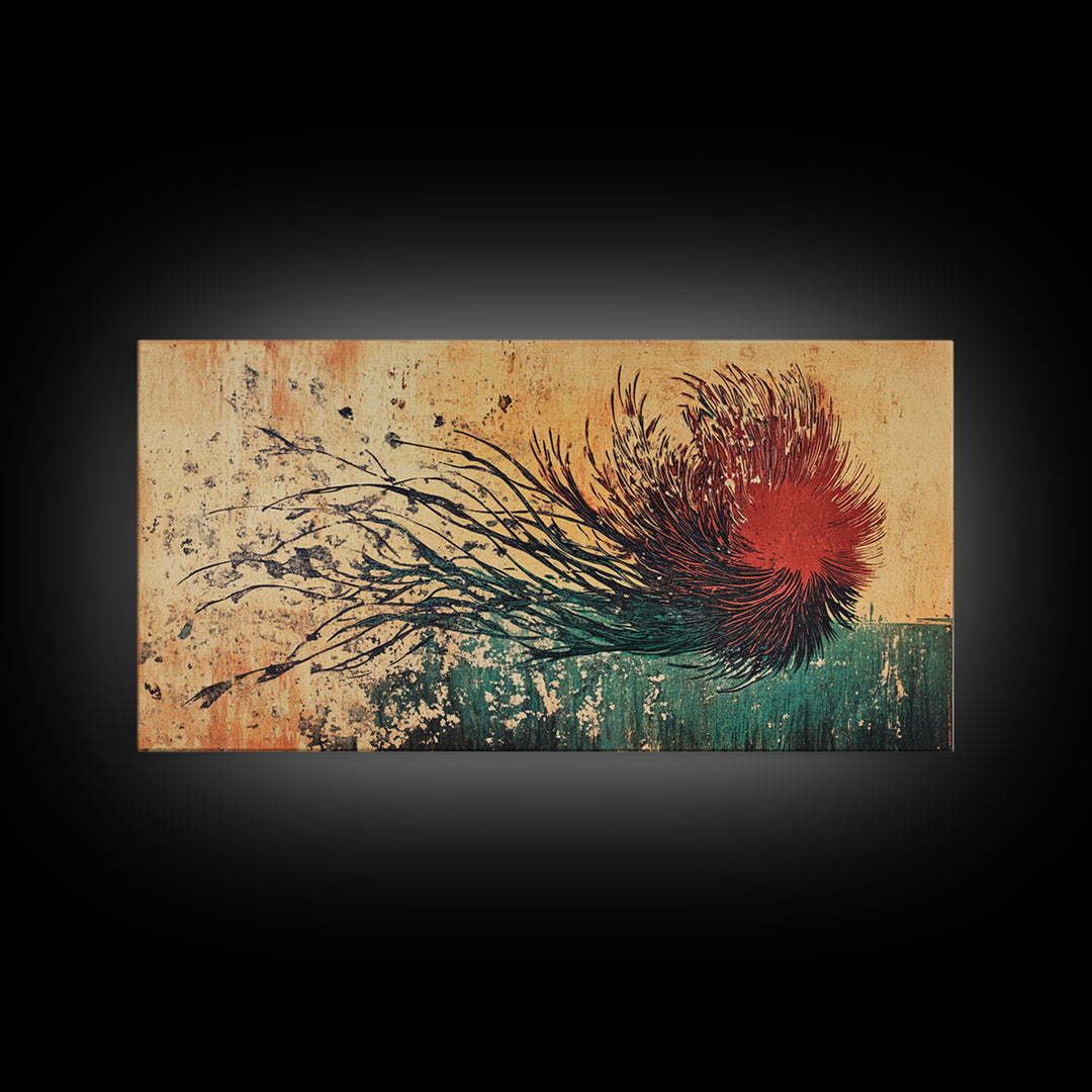 Red Windblown Botanical Flower Wall Art, Textured Japanese Canvas Print, Abstract Floral Living Room Decor, Home Decor Gift For Her