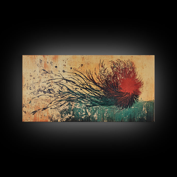 Red Windblown Botanical Flower Wall Art, Textured Japanese Canvas Print, Abstract Floral Living Room Decor, Home Decor Gift For Her
