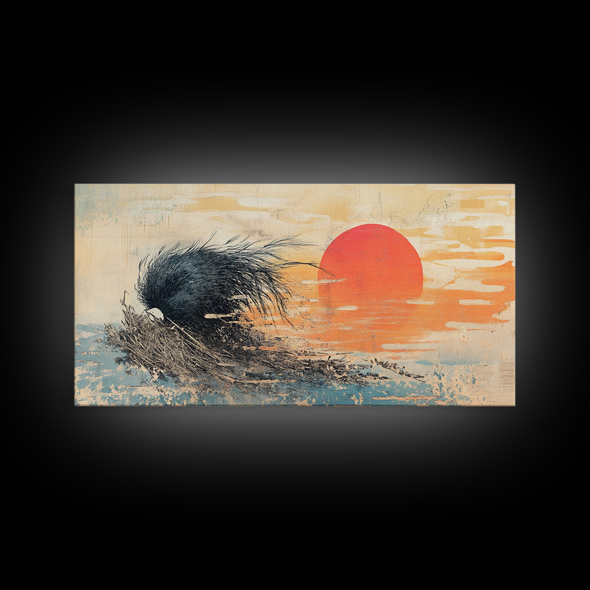 Black Abstract Wave And Red Sun Wall Art, Japanese Ocean Canvas Print, Minimalist Coastal Living Room Decor Gift For Him