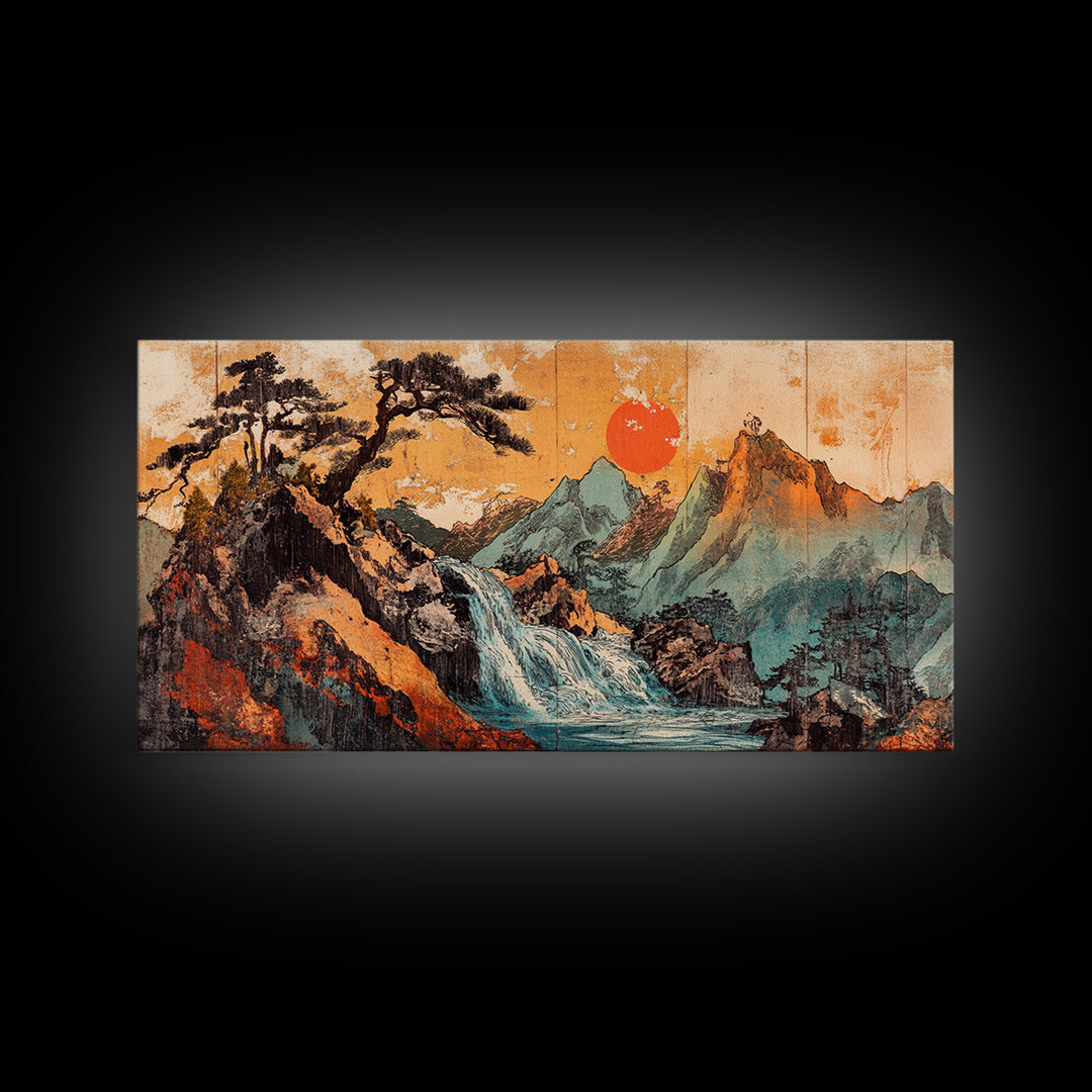 Mountain Waterfall With Red Sun Wall Art, Japanese Landscape Canvas Print, Rustic Nature Living Room Decor Housewarming Gift