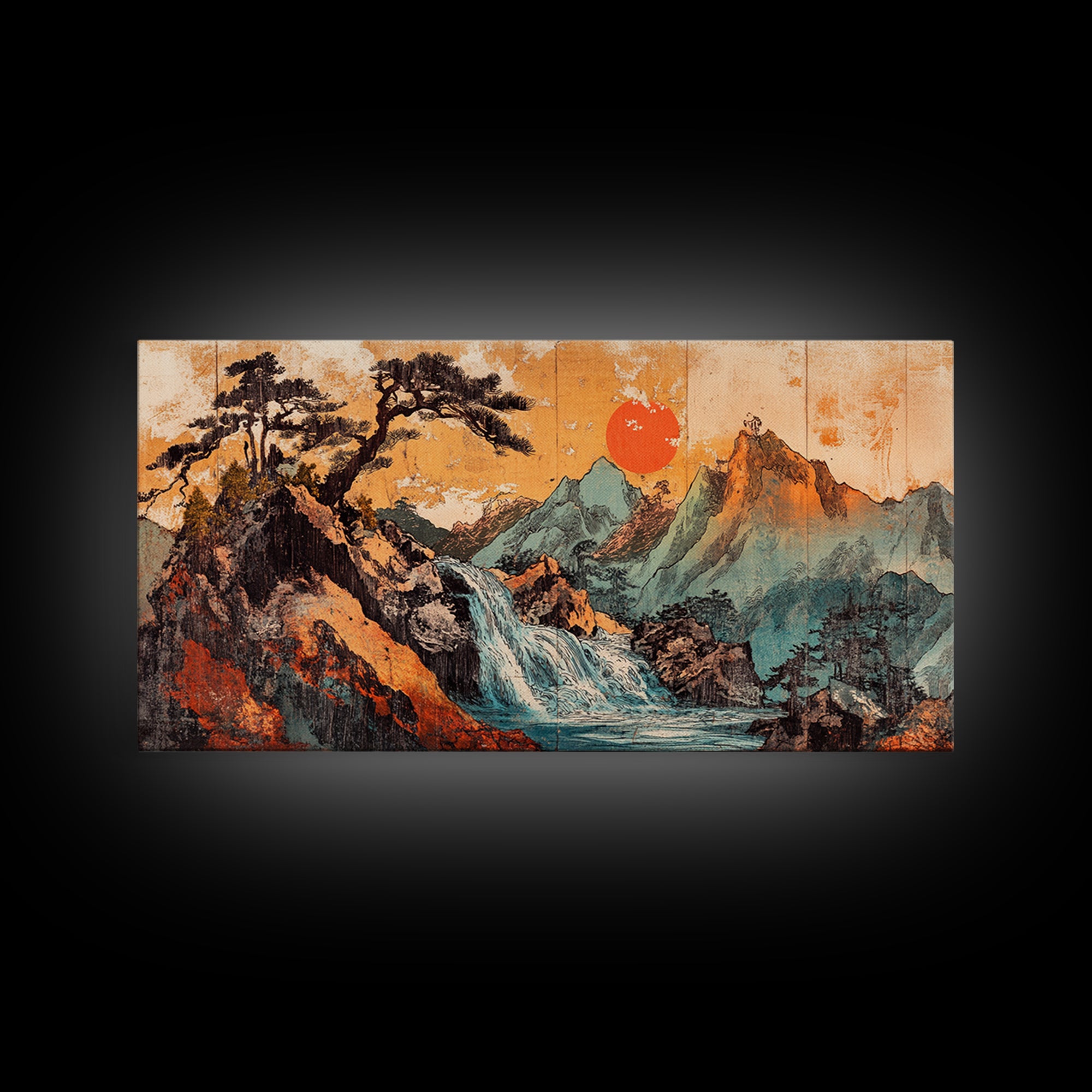 Mountain Waterfall With Red Sun Wall Art, Japanese Landscape Canvas Print, Rustic Nature Living Room Decor Housewarming Gift