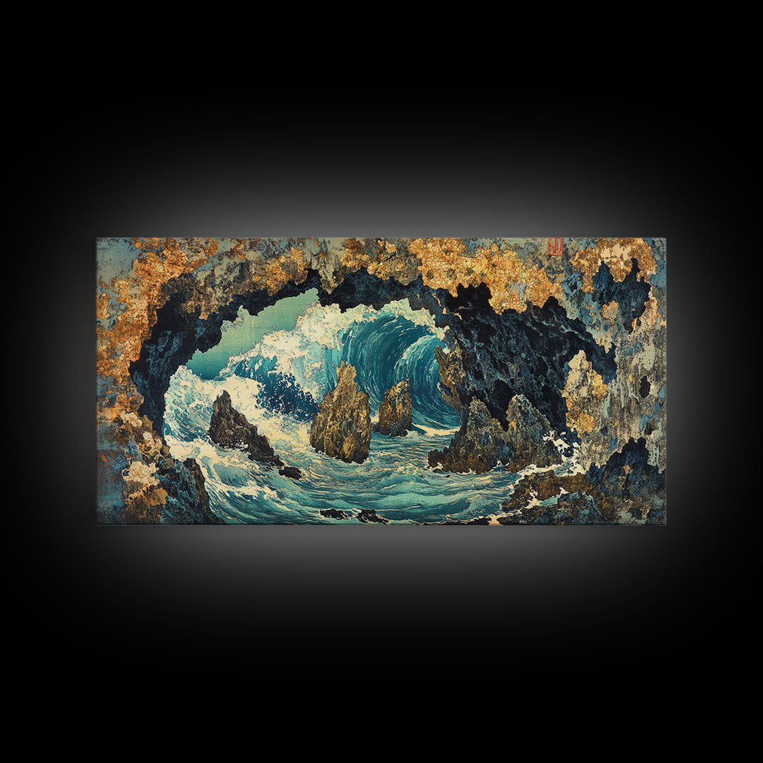 Crashing Ocean Wave Inside Rocky Cave Wall Art, Japanese Seascape Canvas Print, Coastal Nautical Living Room Decor Gift For Her