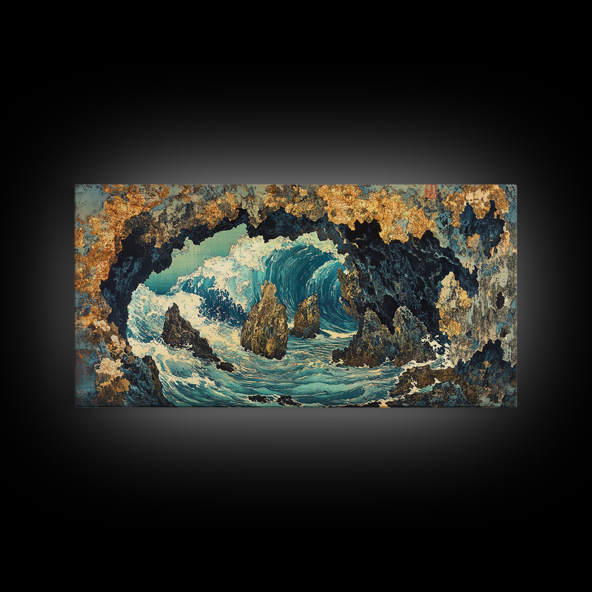 Crashing Ocean Wave Inside Rocky Cave Wall Art, Japanese Seascape Canvas Print, Coastal Nautical Living Room Decor Gift For Her