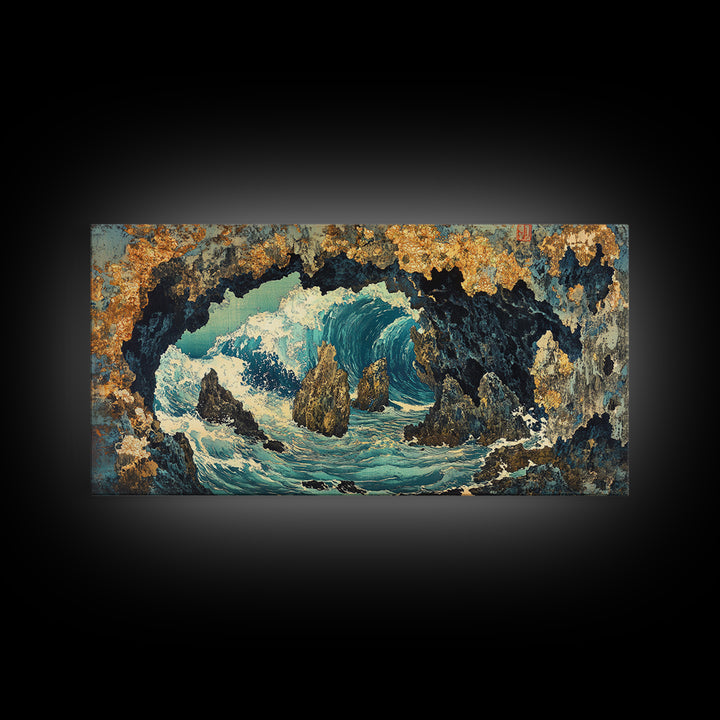 Crashing Ocean Wave Inside Rocky Cave Wall Art, Japanese Seascape Canvas Print, Coastal Nautical Living Room Decor Gift For Her